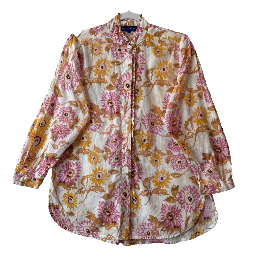 Ro's Garden Floral Ruffle Neck Button Down Blouse S Cotton Cottagecore Boho Chic